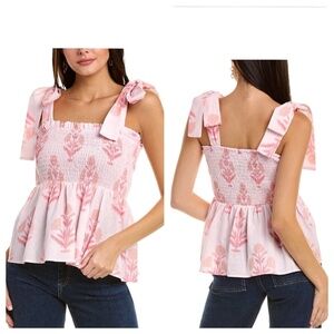 NWT Victoria Dunn x Kathleen Maeve Emily Floral Print Tie Sleeve Linen Blend Top